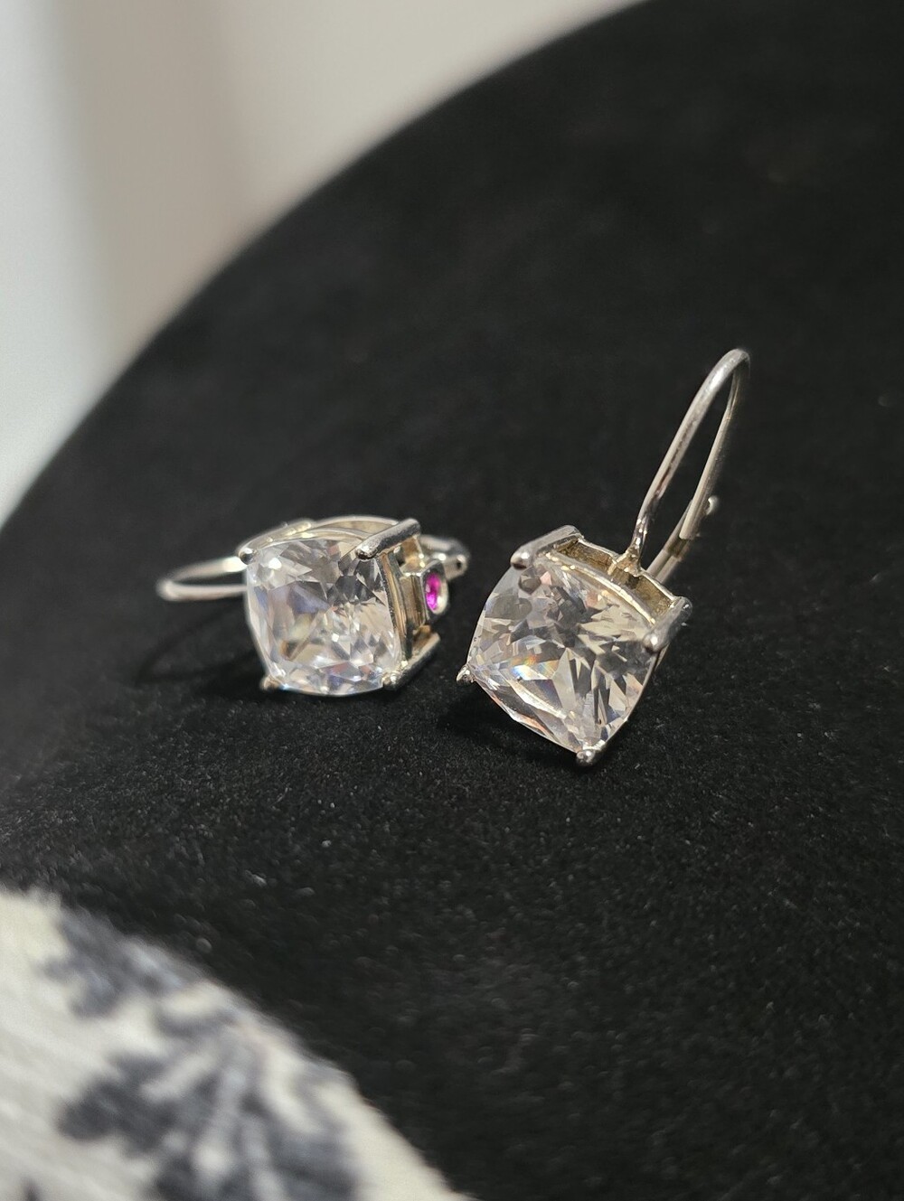Designer 'Elle' Sterling Silver CZ and Ruby Latch Back Hook Earrings .88 Inch